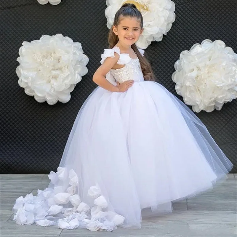 

Vintage Handmade Flower Girl Dress Princess Kids Vestido Wedding Party Birthday Tutu Dress with Pearls Backless Child Clothes