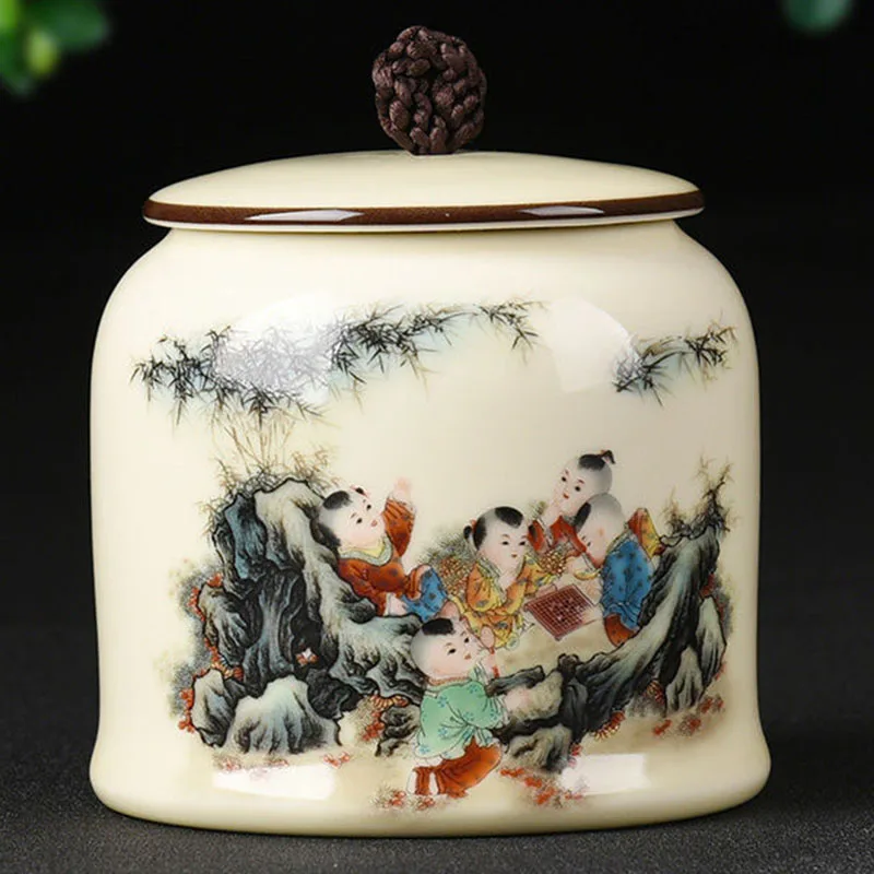 Large Painted Tea Caddy Porcelain Storage Jar Porcelain Candy Box Spice Storage Tank Coffee Container Sealed Canister Tea Can