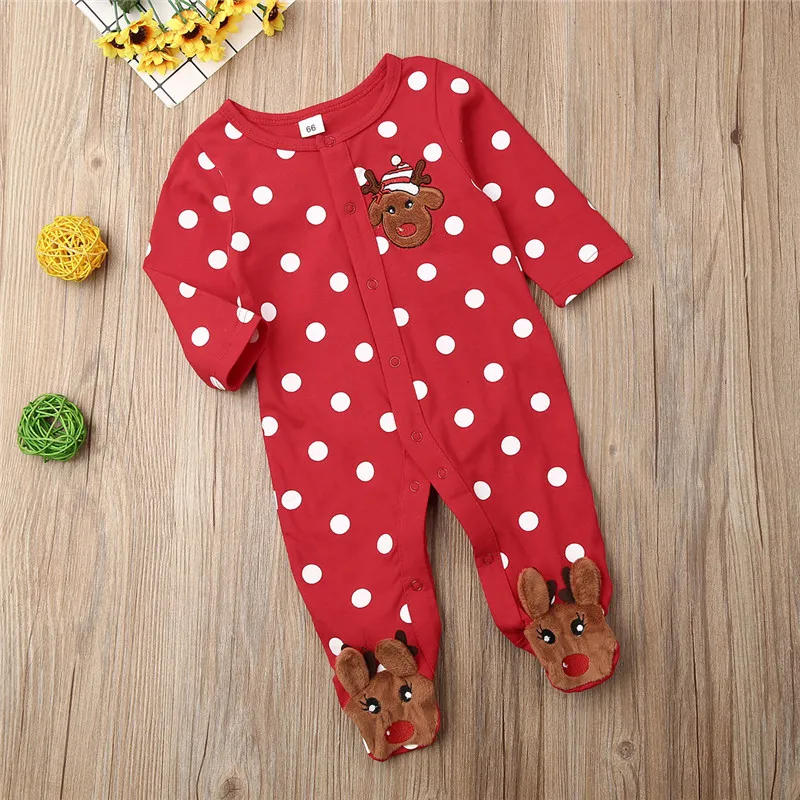 My First Christmas Newborn Baby Girls Boys Clothes Polka Dot Deer Print Romper Jumpsuit Outfits 0-18M