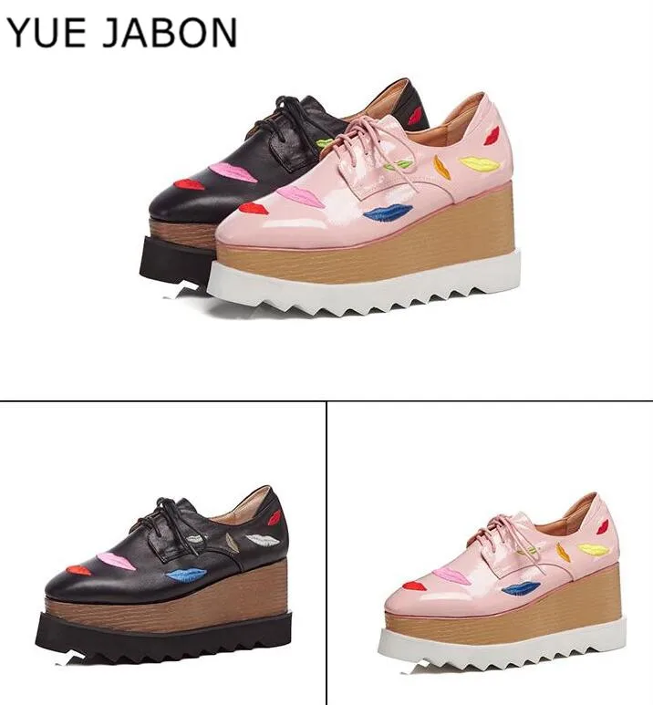YUE JABON Pink Black Spring cow leather casual shoes vintage embroidery lips patterns lace up wedges shoes platform women shoes