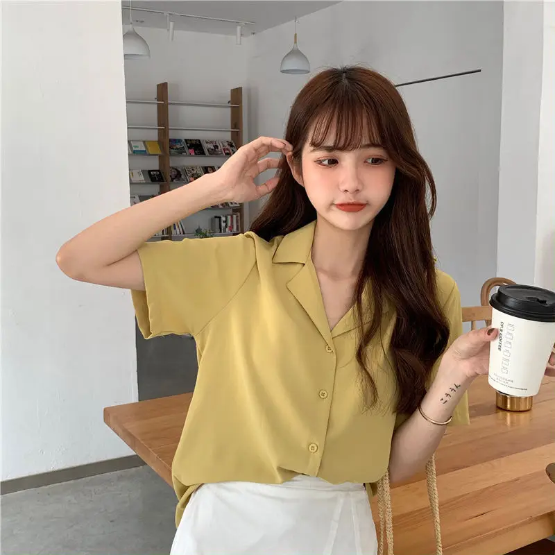 11 Colors Shirts Women Colorful Simple Notched Sweet Girls Korean Tops Leisure Short Sleeve Student All-match Version Female Ins