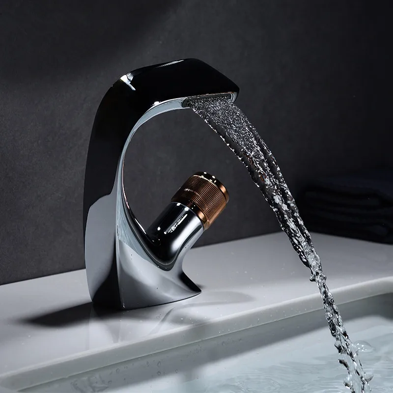 

Bathroom Basin Faucet Hot & Cold Waterfall Sink Mixer Tap Solid Brass Single Handle Unique Design Black/Chrome New Arrivals