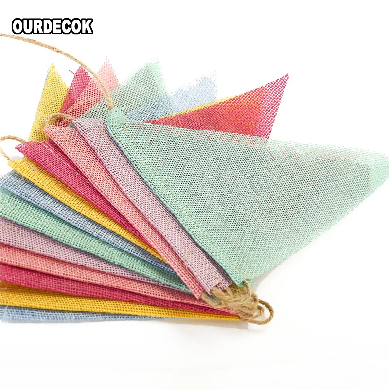 10 Pieces 4M Colorful Jute Linen Flags Pennant Birthday Bunting Banners Wedding Wall Hanging Banner Party Garland for Home Decor