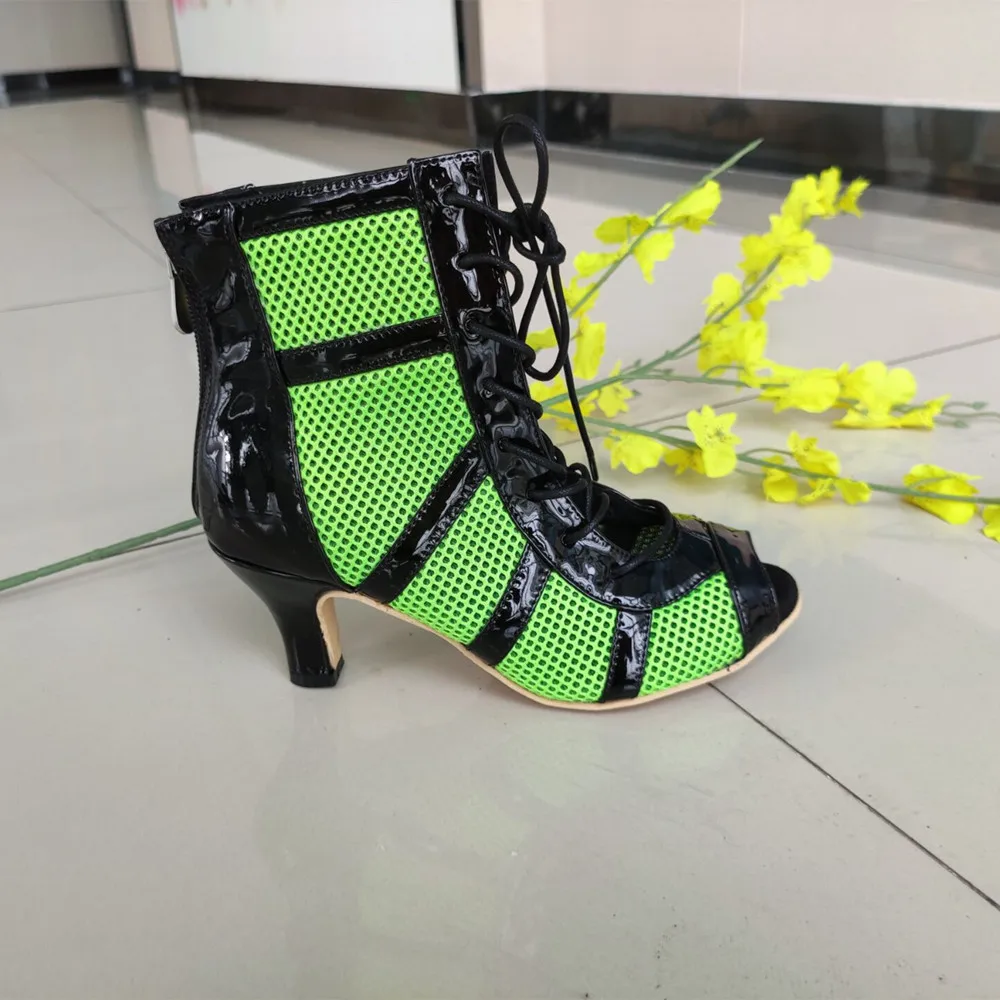 Woman Green Net Latin Dance Shoes Black PU Ballroom Dance Boots Women Salsa Tango Dancing Shoes DIY Soft Party Dancing Shoes