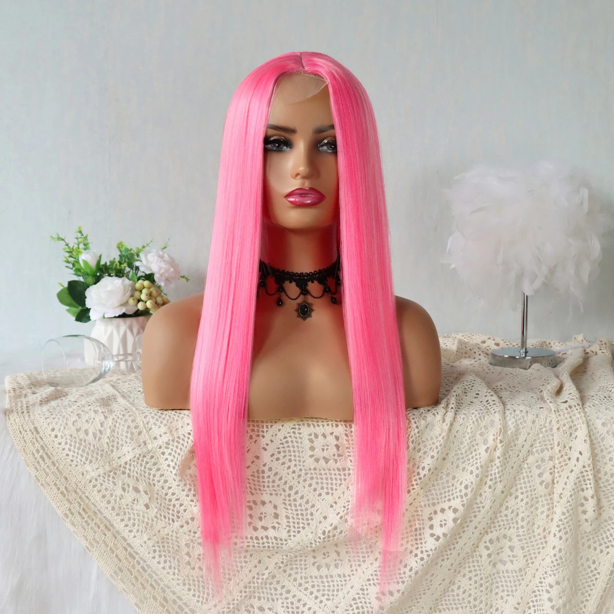 Pink Synthetic Hair Wigs Natural Red Pink Mixed Long Straight Hair Heat Resistant Synthetic Lace Wigs for Fashion Women