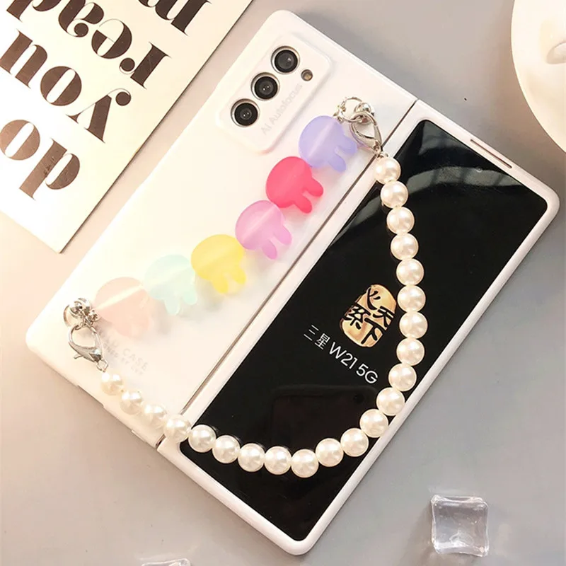 For Samsung Galaxy Z Fold 6 5 4 3 2 5G Luxury Fashion Super Cute Candy Rabbits Pearl Hand Chain White Painted Hard Case Cover