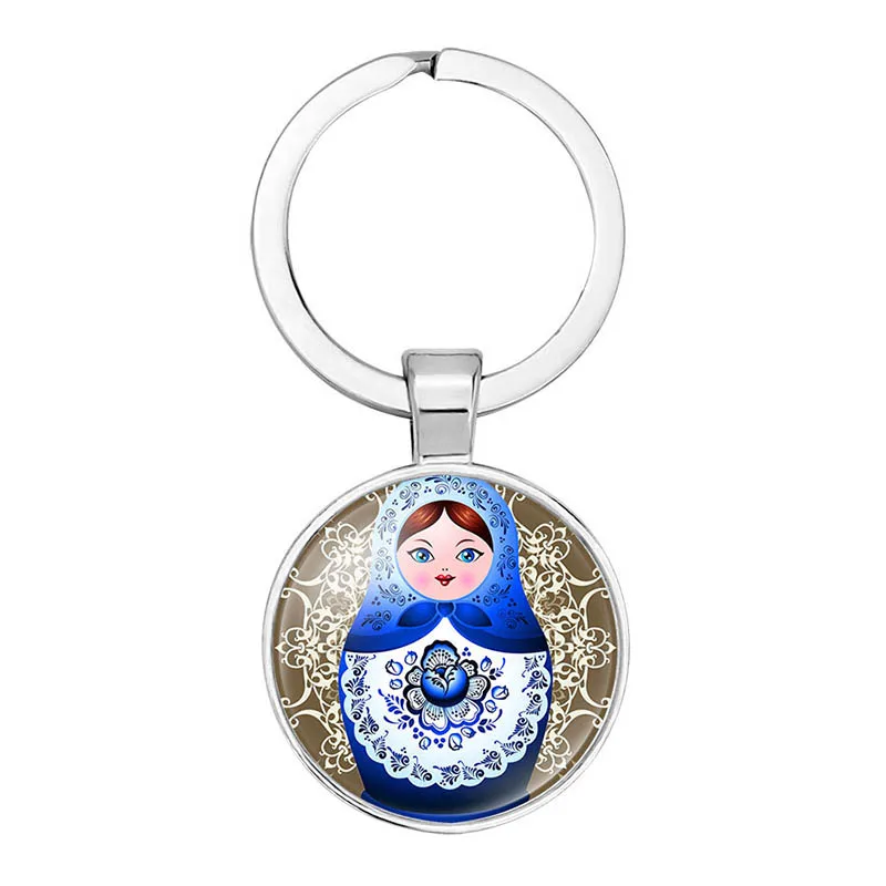 Tradition Russian Doll Keychain Matryoshka Cute Dolls Handmade DIY Art Pattern Glass Gems Keyring Chain Holder Car Charms