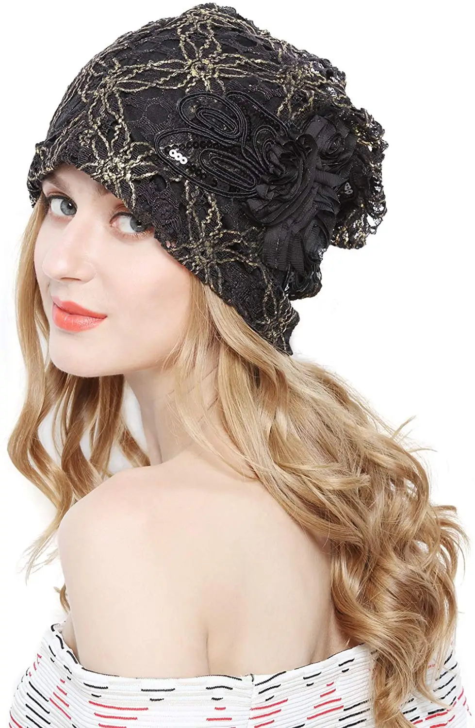 Women’s Lace Flower Slouchy Baggy Skullies Cap Chemo Beanie Hat