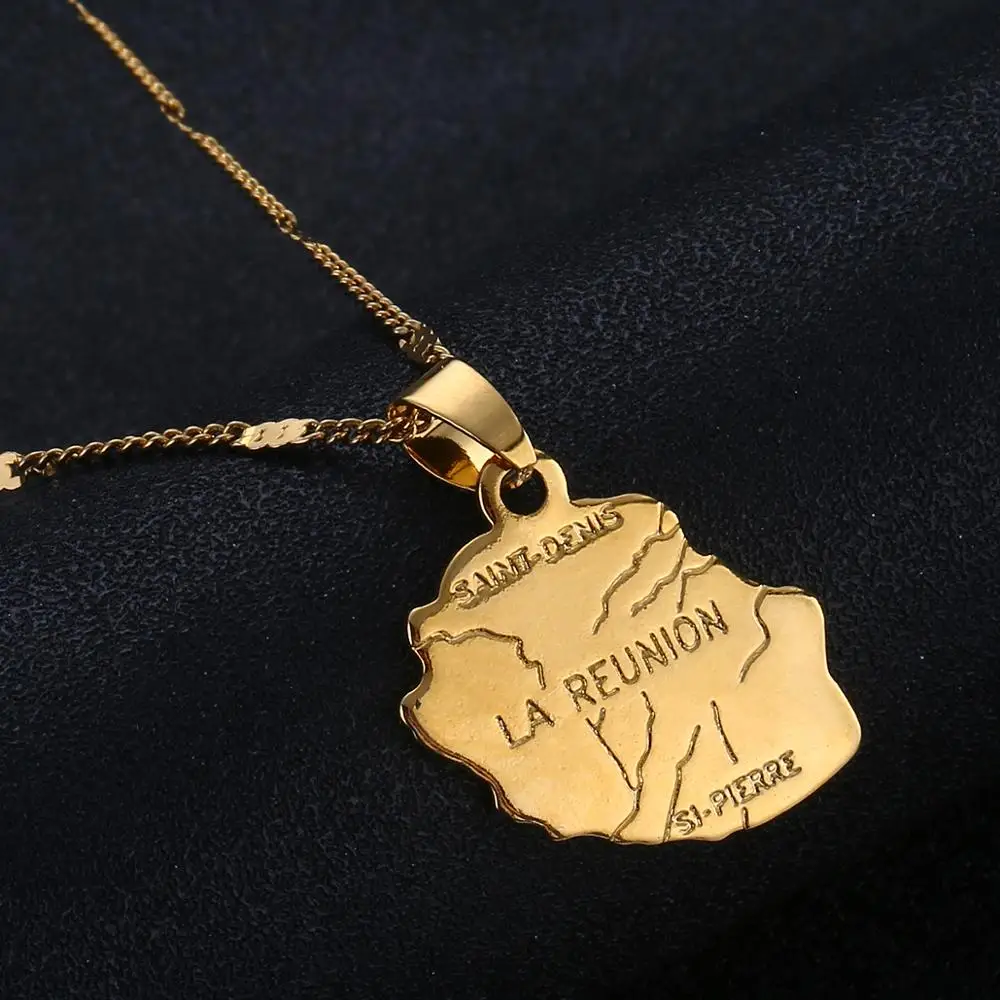 Gold Color La Reunion Map Pendant Necklace Country Map France Reunion Island Trendy Maps Jewelry