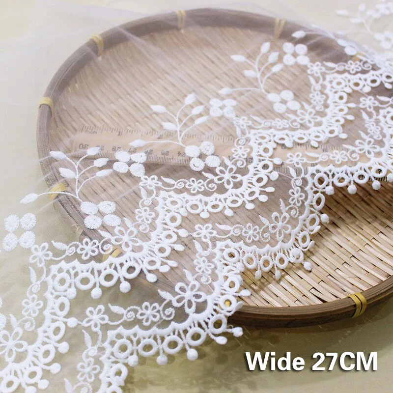 White Mesh Embroidery Guipure Applique Lace Fabric, Wedding Dress, Curtain Edge Trim, Sewing Accessories,  Tulle, 27cm Wide