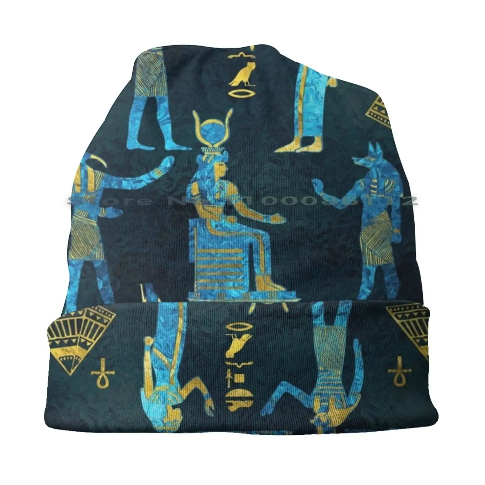 Egyptian Gold And Blue Glass Pattern Bucket Hat Sun Cap Egyptian Pharaon Ethnic Papirus Ancient Cairo Anubis Hieroglyphic Gold