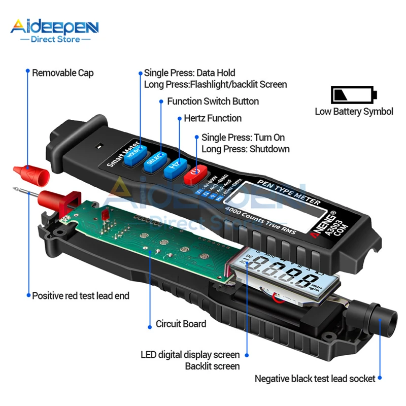 A3003 Digital Multimeter Pen Type Meter 4000 Counts with Non Contact AC/DC Voltage Resistance Capacitance Hz Tester Tool