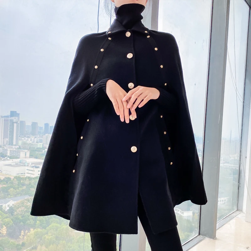 

Black cape woolen coat women autumn winter 2022 new mid-length loose shawl vintage cloak wool coat