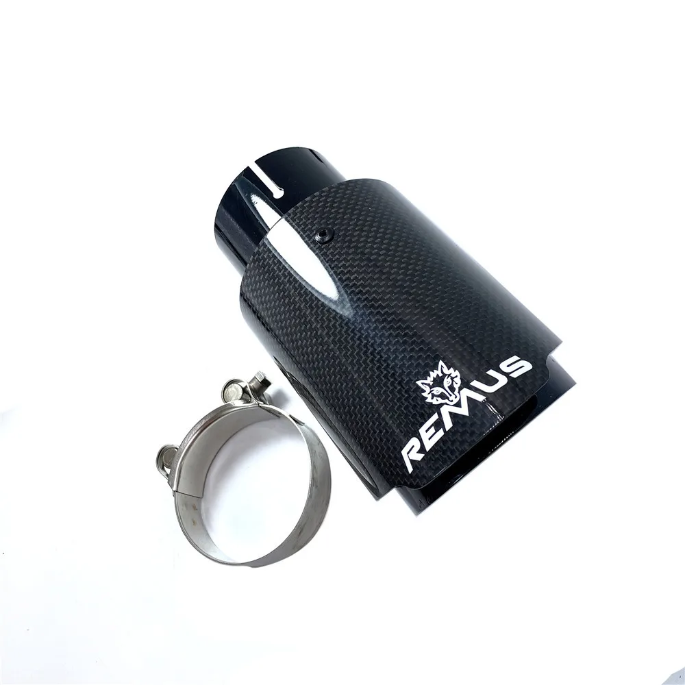 Car Universal Modiflcation Stainless Steel Single Exhaust Pipe Full Carbon Remus Logo Glossy Black Cover Muffler Tip For Any Car