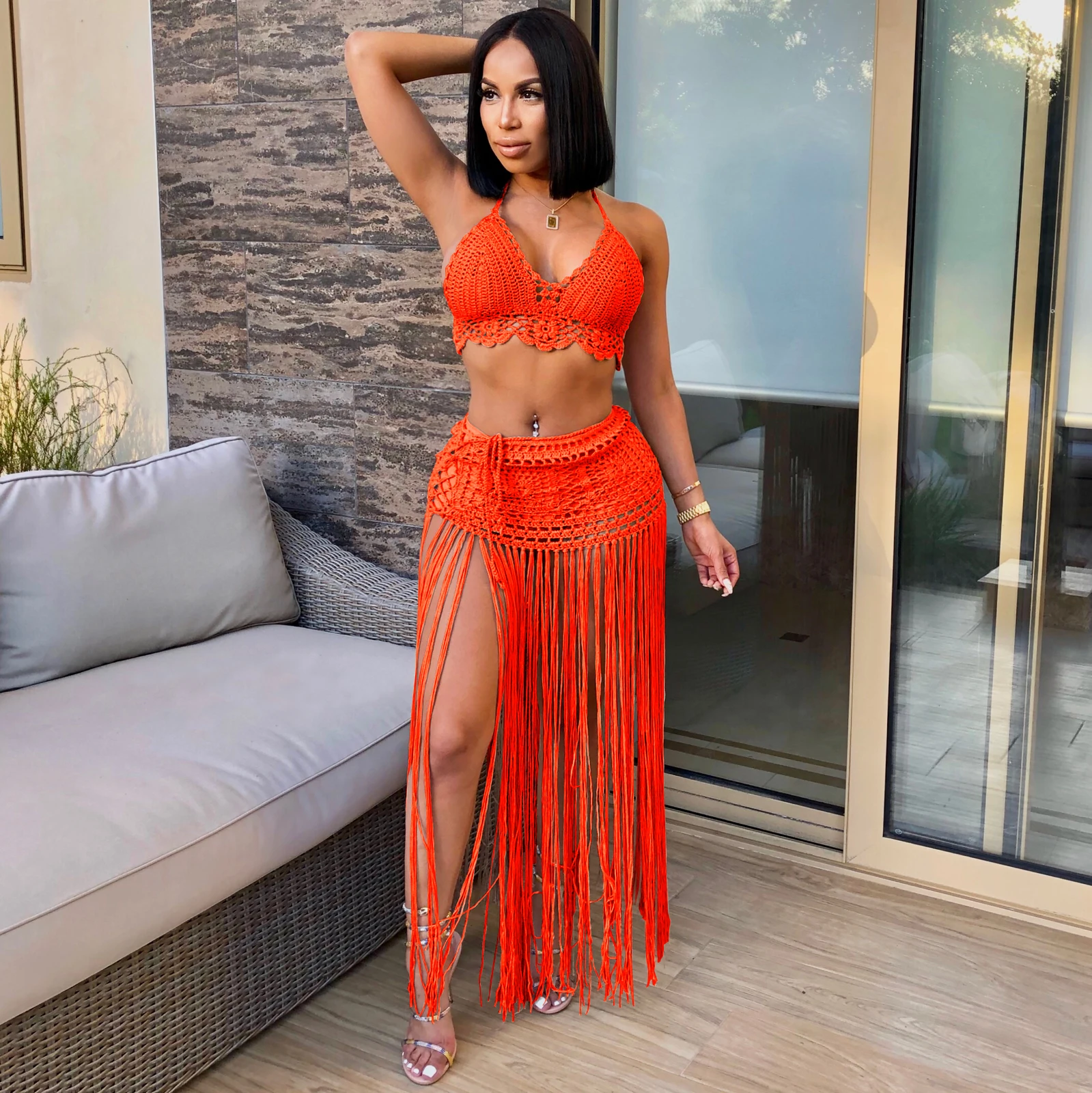 JRRY Sexy Women Knitted Set Halter Backless Crop Top Long Tassels Skirt Two Pieces Set Crocheted Beach Outfit