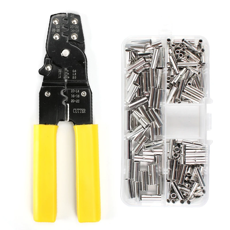 

Multifunctional Crimping Tool Set 200pcs Butt Wire Connectors AWG22-10 Copper Tinned Splice Terminals Sleeve Bare Hand Plier Kit