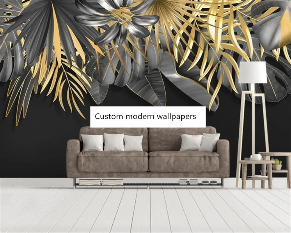 

beibehang Customized modern hand-painted tropical plant golden leaf mural living room bedroom background wallpaper papier peint