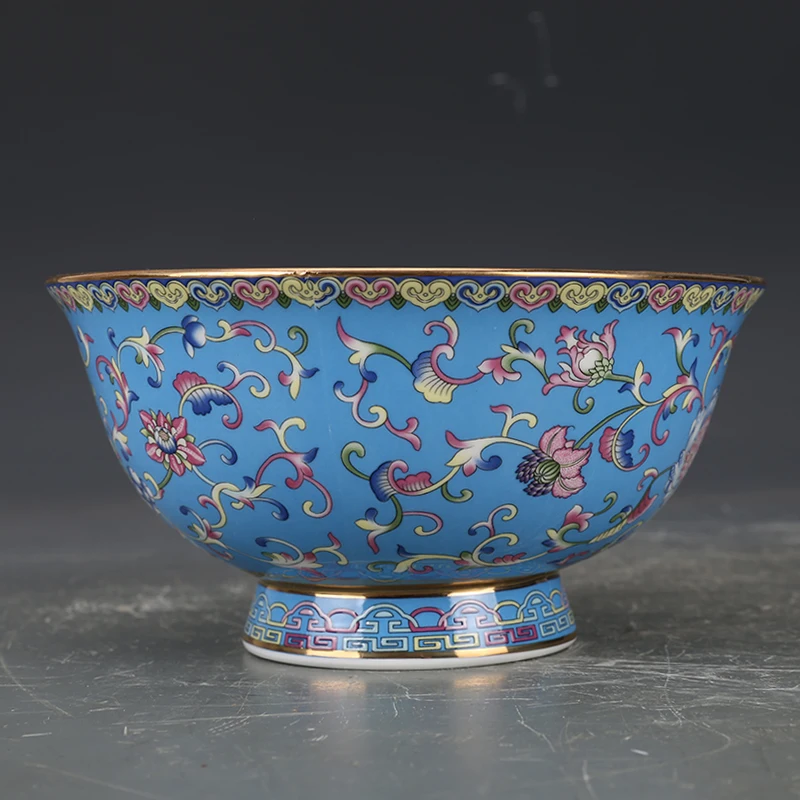 Qing Dynasty Qianlong Enamel Blue Ground Flower Bowl Antique Porcelain Collection