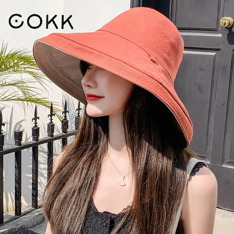 COKK Hat Women Summer Bucket Hats With Double Sided Fisherman Hat Female Sun Protection Windproof Foldable Beach Hat Gorros