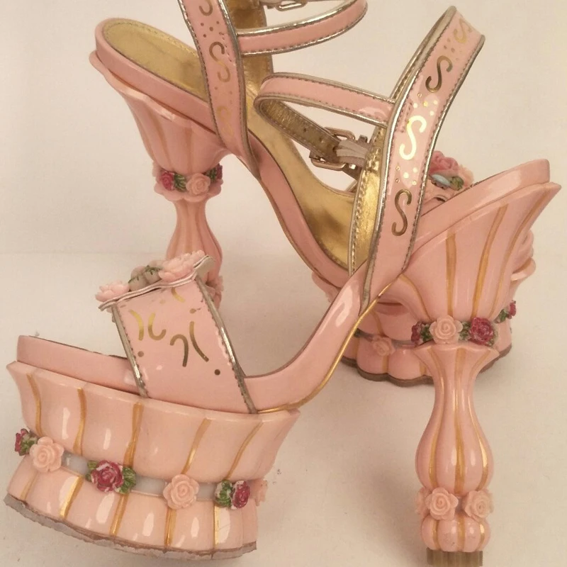 Sweet Princess Rose Flower Cake Platform Sandals Woman Strange Flowerpot Heels Ankle Strap Wedding Pumps Peep Toe Women Shoes