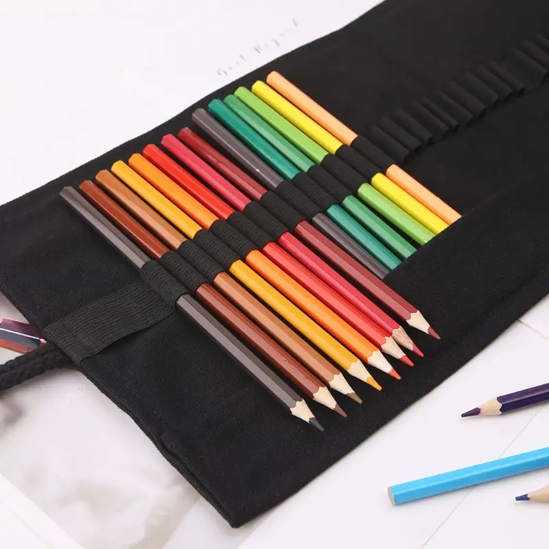 Black Color School Pencil Case Roller 12/24/36/48/72 Holes Canvas Roll Up Makeup Canvas Pen Bag For Girls Boys Stationery