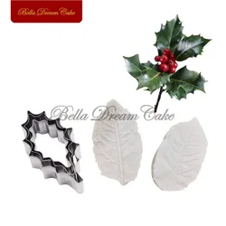 5pcs/set Holly Leaf Veiner Silicone Molds Stainless Steel Cutter Mould Petal Fondant Cake Decorating Tool DIY Handmade Cake Mold