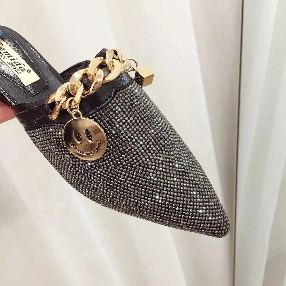 Pointed Toe Half Slippers Female Summer Wear 2021 New Fashion Rhinestone Lazy Flats Sandals Casual Slippers Metal Chain Slides