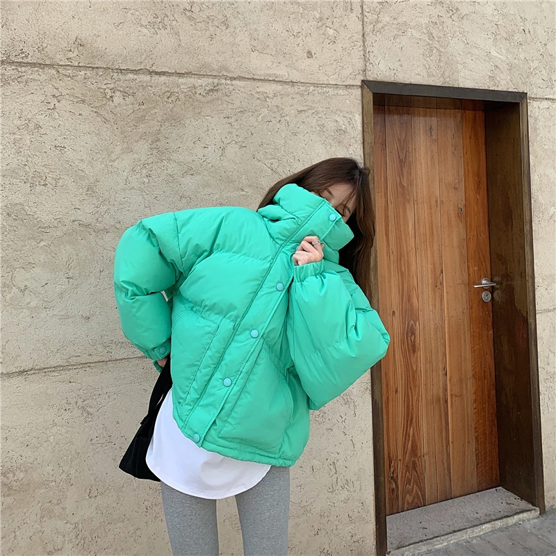 Winter Puffer Cotton-padded Coats Female\'s Oversized Hooded Parka Short Loose Warm Bread Coat Candy Color Cotton Jacket