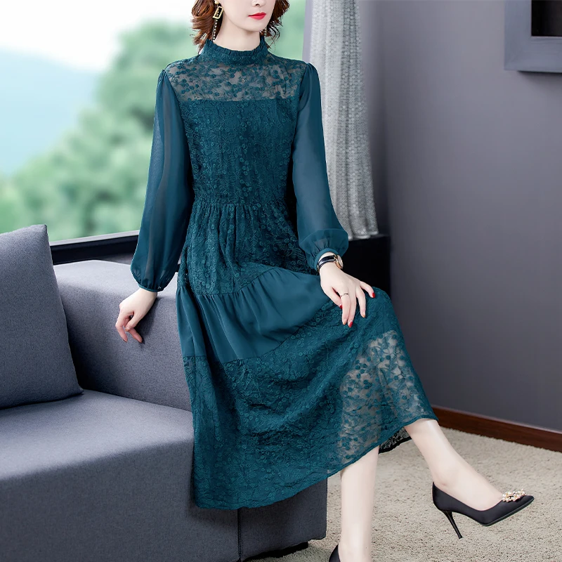 Floral Embroidery Lace Long Sleeve Midi Dress 2024 Spring Casual Vintage evening Dress Elegant Women Bodycon Party Vestidos