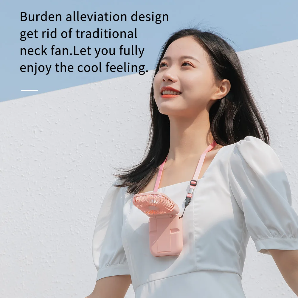 2021 New Design Portable Neck Fan USB Rechargeable 3 Speed Adjustable Cooling Fan Summer Handheld Power Bank Phone Desktop Stand