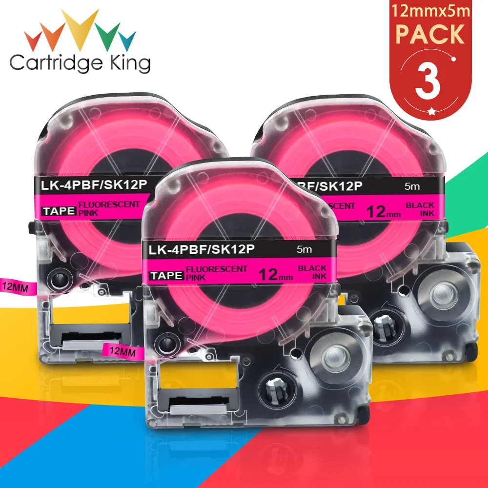 3PK Black on Fluorescent Pink Labeling Tape 12mm for EPSON SK12P LK-4PBF LW-300 LW-400 LW-600P LW-700 Labeler Printer Maker