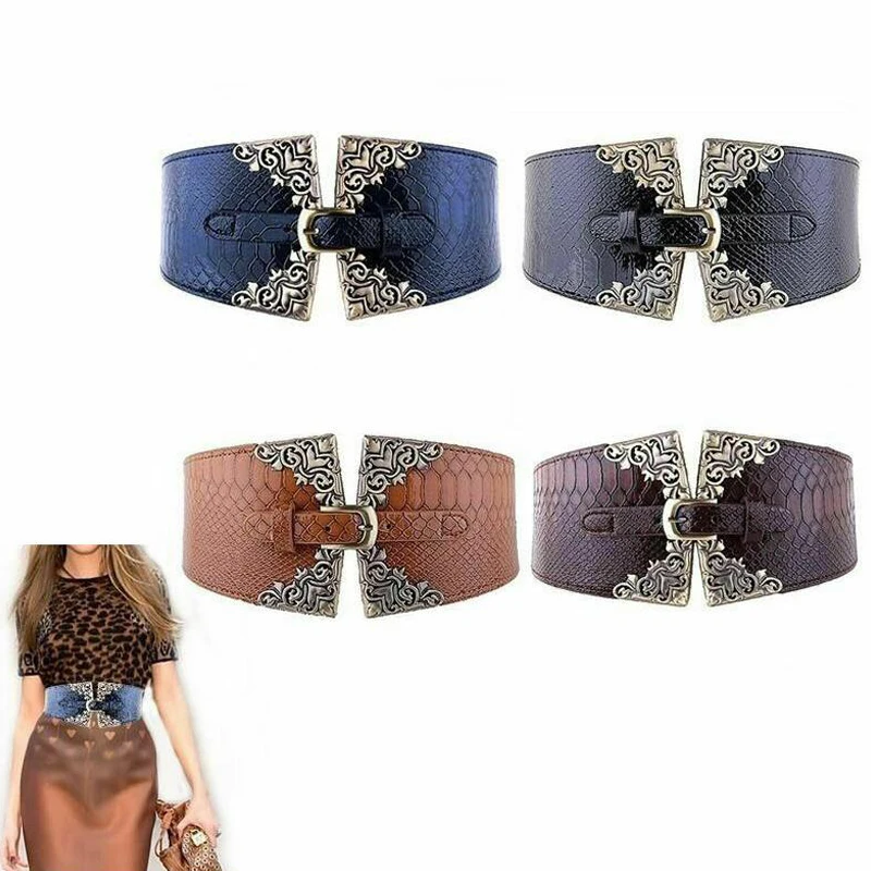 Women Elastic Buckle Wide Belt Vintage Totem Print Stretch Leather Waist Belt For Dress Corset Cinch Waistband