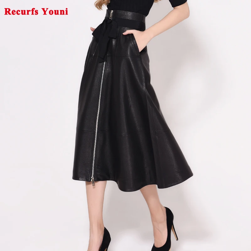 Female Vintage Genuine Leather 80 cm long Skirt Women Laceing Bubble Skin High Waist Faldas Largas Mujer Middle Zipper Spodnica