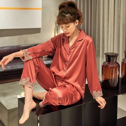 Women Sleepwear set spring autumn Pajamas Lapel buttons silk Sweet Women Sleepwear Set Girl Nightgown long Pant Silk Pajamas Set