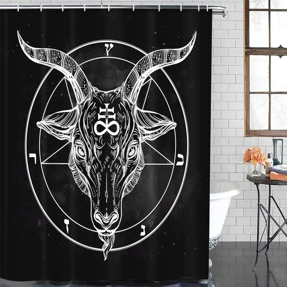 Pentagram with Demon Baphomet Satanic Goat Head Binary Symbol Tattoo Retro Music Summer for Biker Waterproof Polyester Curtain