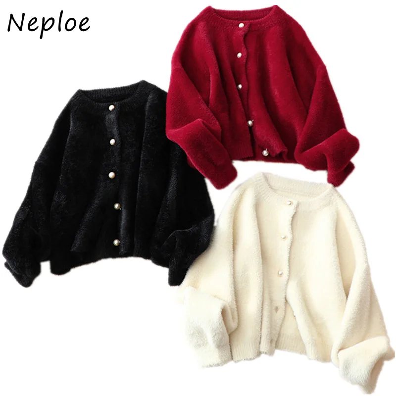 Neploe Fashion Chic Pearl Button Jacket Women 2024 Autumn New Ladies Sweater Round Neck Long Sleeve Single Breasted Cardigan