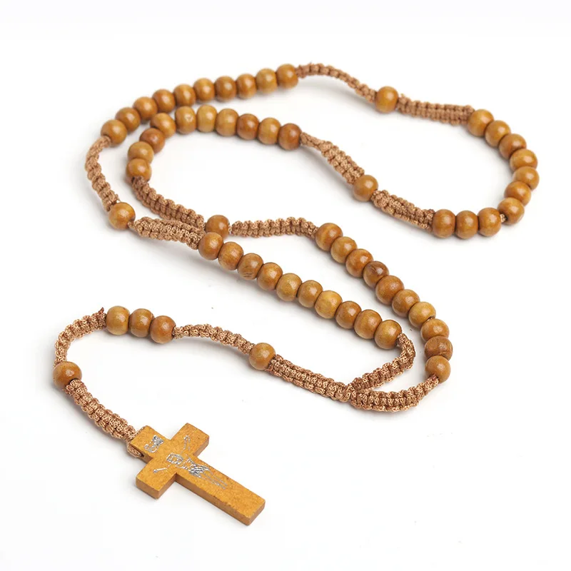 Natural Wood Beads Christian rosary Necklace Catholic Hand-woven CrossJesus religious Jewelry Wholesale