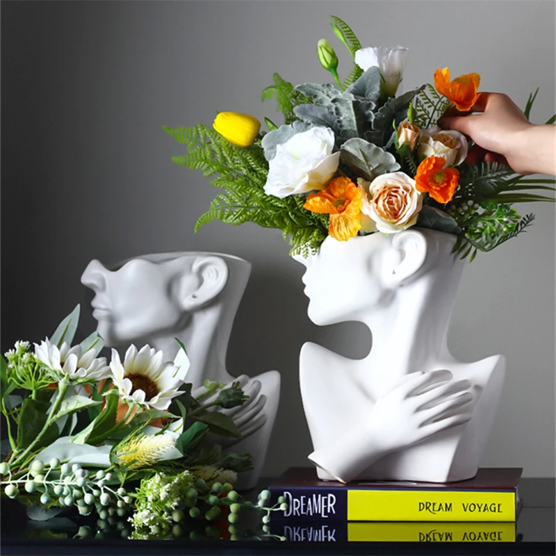 Modern Nordic Style Creative Portrait Vase Human Head Flower Vases Decorative Ornaments Resin Home Flowers Art Decor