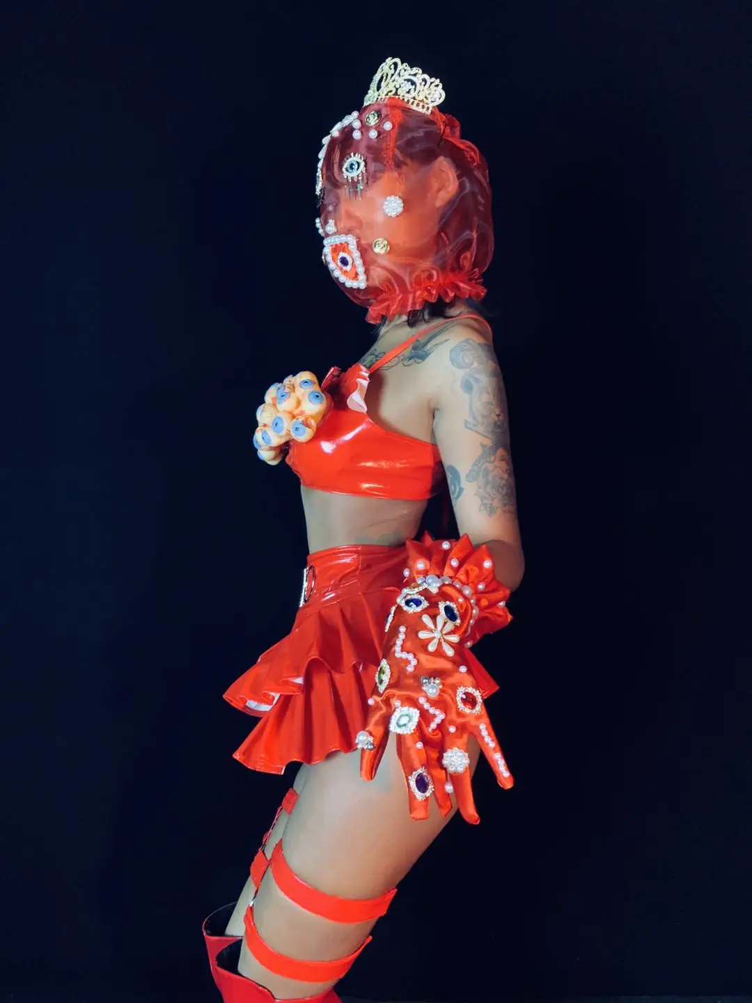 DJ ملهى ليلي المرأة مضحك مثير زي الأحمر بولي Leather الجلود الراين بيكيني التنانير القبعات الزي المغني راقصة فريق المرحلة ارتداء