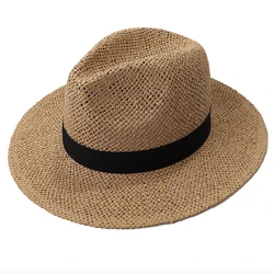 Chapeau de paille à large bord pour hommes et femmes, casquette de plage unisexe à bord plat, Fedoras, bande noire, ander, été, HT3119