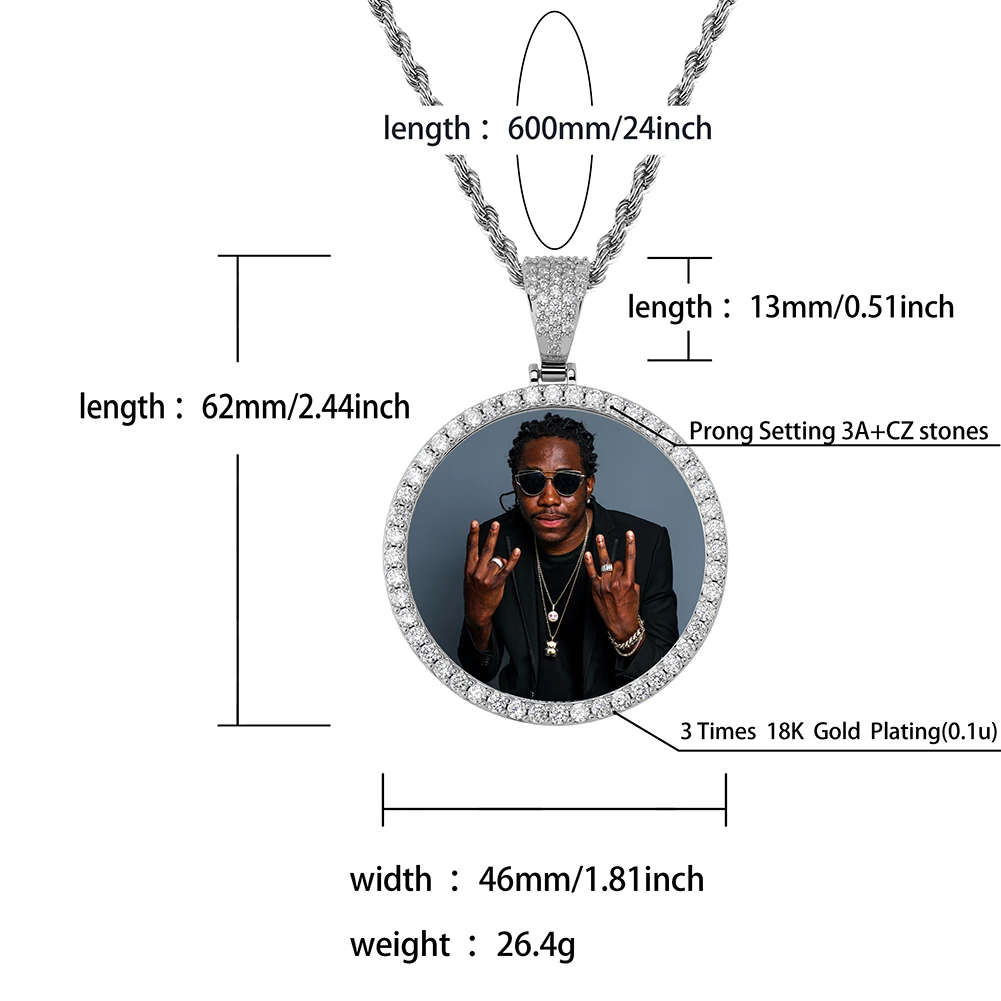 GUCY Fashion Custom Made Photo Roundness Solid Back Pendant & Necklace With Tennis Chain Cubic Zircon Men's Hip Hop Jewelry