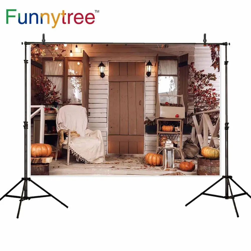 Funnytree Autumn Wood House Photography Backdrop Door Courtyard Flashlights Dry Fall Leaves Pumpkins Background Child Photophone