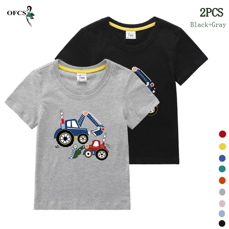 New Children's T-shirt Top Summer Cartoon Printing 100% Cotton Short-Sleeved Sweatshirt Grey+Black 2PCS Packaging Sales Clothes