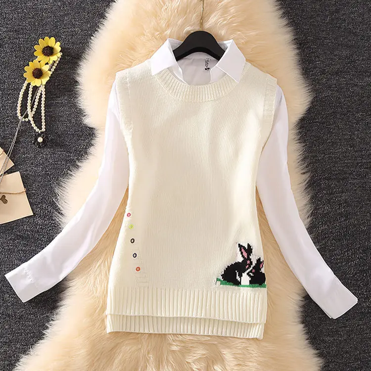 Loose Student College Wind Sweater Vest Female Cartoon Pattern Embroidery Round Neck Sleeveless Irregular Sweater Vest Women