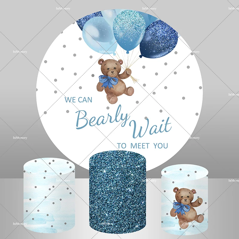 

We Can Bearly Wait Baby Shower Round Backdrop for Boy Birthday Party Decorations Blue Balloons Banner Photography Background