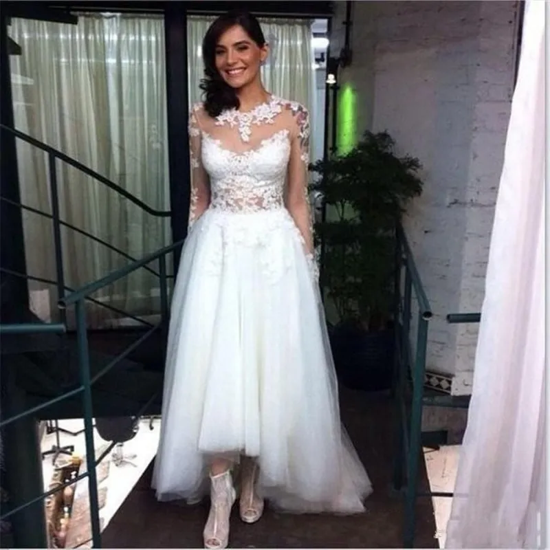 

2025 New Hi-Lo Wedding Dress Lace Applique Sheer Long Sleeves Garden Beach Boho Bridal Gowns Vestidos De Noiva