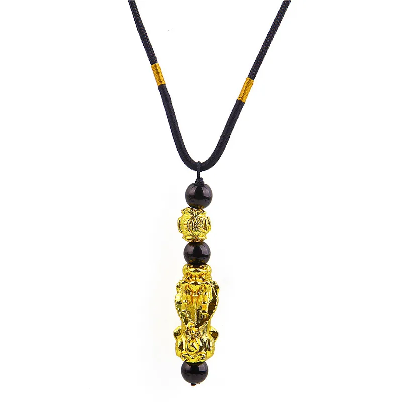 Mystical Pixiu-Good Luck Riches Charming Gold Accessories Black Bead Necklace New Years Gift