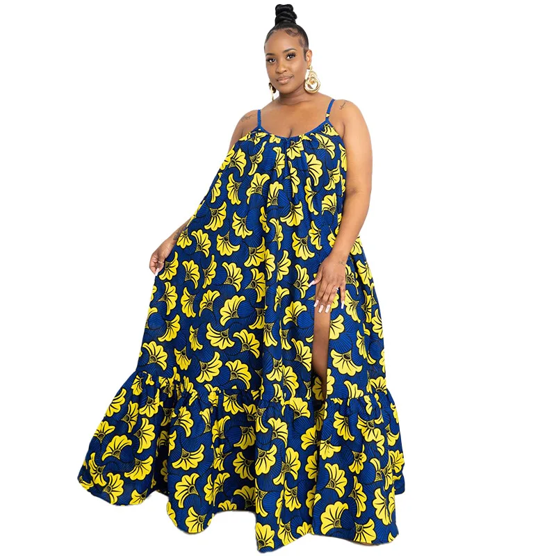 

Loose African Maxi Dress Women 4XL Big Size Spaghetti Strap Boubou Summer New Print Ruffle Patchwork African Beach Maxi Dresses