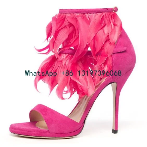 Ladies hot pink open toe sandals ankle feather decoration green sandals buckle cover heel stilettos everyday footwear large size