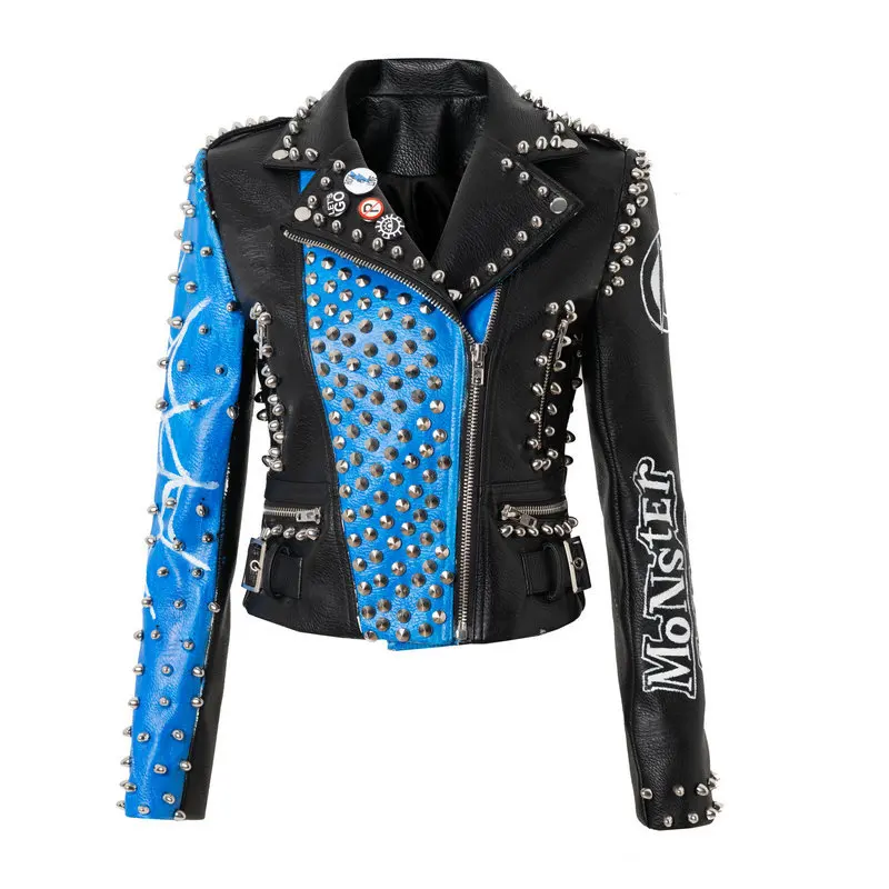 Women Graffiti Rivet Motorcycle Jackets Faux Leather Jacket Punk Style DJ Rock Club Jacket and Coat For Women